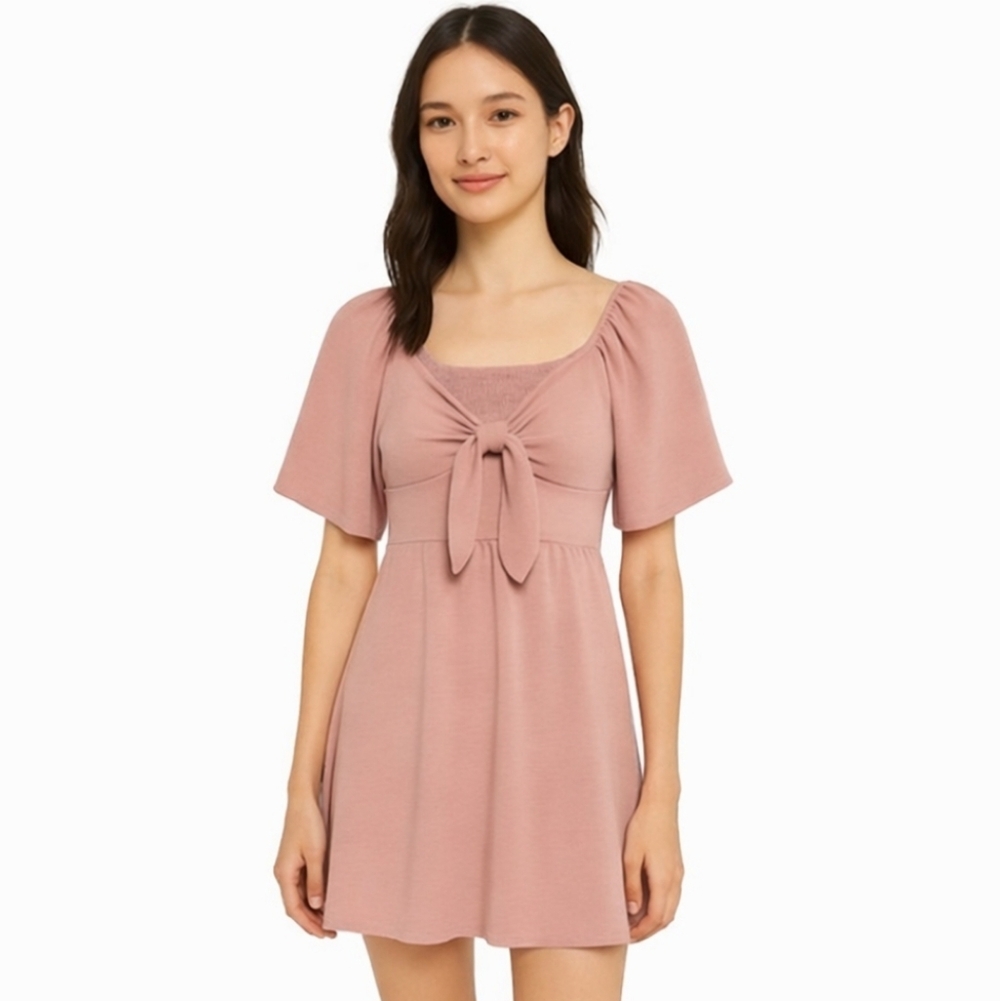 Unbranded Pink Smocked Tie Neck Mini Dress Sz Small